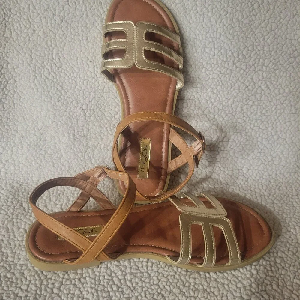 Sugar Metallic Gold Flat Strappy Summer Sandals - Size Big Girls 4 (5.5 wmns)